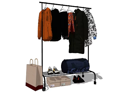 Standing Clothes Rack With Hanging Clothes Shopping Bag Shoes And Storage Boxes 3d model
