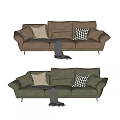 Modern Leather Three Seater Sofa with Pillows Throw Blanket and Metal Legs in Brown Green