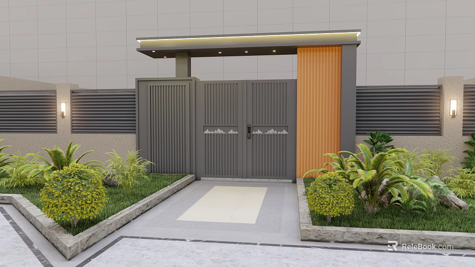 Modern Landscape Pavilion With Green Shrubs Stone Path And Wooden Accents 3d model 