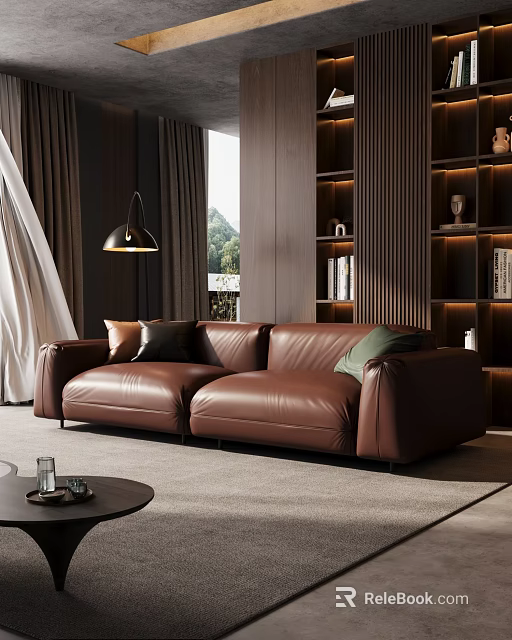 Modern Living Room With Brown Leather Sofa Black Pendant Lamp Bookshelves And Green View 3d model 