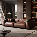 Modern Living Room With Brown Leather Sofa Black Pendant Lamp Bookshelves And Green View