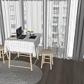 Cozy Home Table And Chairs Set With Checkered Tablecloth Laptop And Green Plant