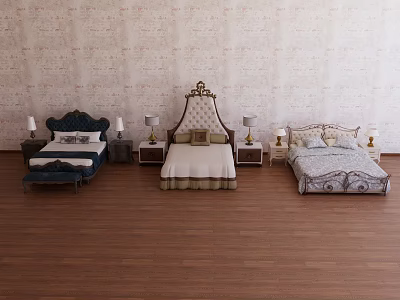 Various Styles Double Bed Designs With Ornate Headboards Nightstands And Table Lamps 3d model