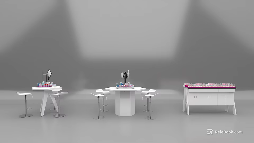 Modern White Dressing Tables With Mirrors Stools And Cosmetic Organizers 3d model 