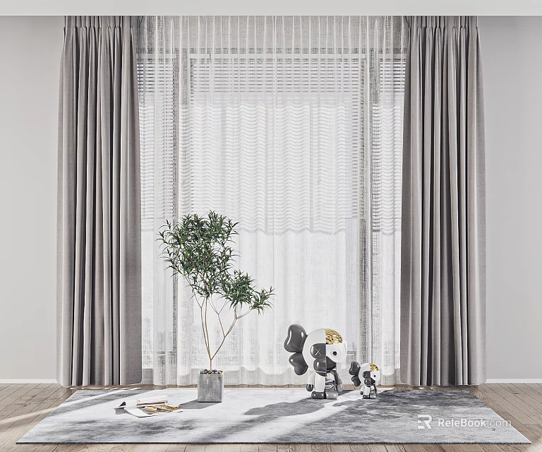 Grey Curtains With White Sheer Panels For Window And Green Plant Decor 3d model 