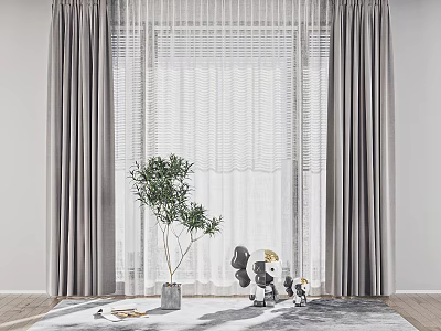 Grey Curtains With White Sheer Panels For Window And Green Plant Decor 3d model