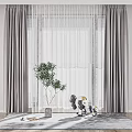 Grey Curtains With White Sheer Panels For Window And Green Plant Decor