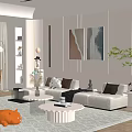 Modern Living Room With L Shaped Sofa Coffee Tables Decorative Art And Area Rug