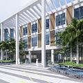 Modern Hotel Building with Palm Trees Water Fountain Glass Facade and White Pergola Landscaping