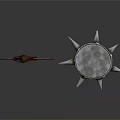 Rustic Metal Polearm With Circular Blade And Multi Layered Spiked Mace On Gray Background