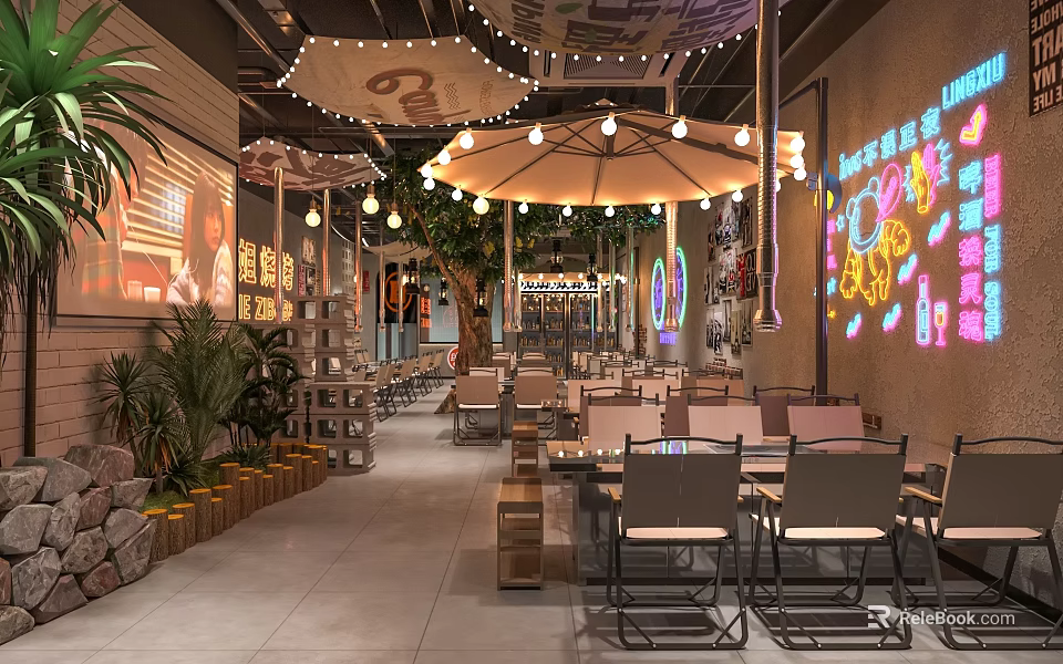 Modern Casual Restaurant Interior With Neon Decorations Hanging Lights Umbrella Shades And Green Plants 3d model 