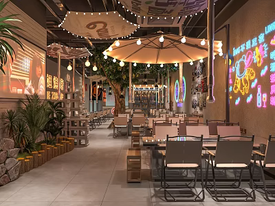 Modern Casual Restaurant Interior With Neon Decorations Hanging Lights Umbrella Shades And Green Plants 3d model