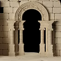 Ancient Architectural Model Stone Brick Structure With Arched Doorway Columns On Rock Base