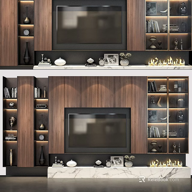 Modern Wooden TV Stand Design With Shelves Decorative Items And Ambient Lighting 3d model 