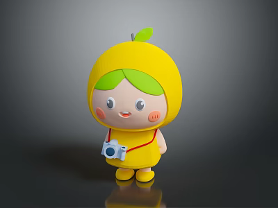 Cute Lemon Creature Character Holding Camera With Green Hair And Yellow Outfit 3d model