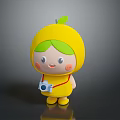 Cute Lemon Creature Character Holding Camera With Green Hair And Yellow Outfit