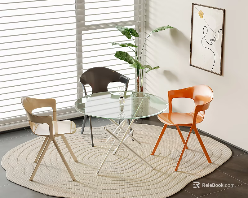Modern Round Glass Table and Chair Set With Three Different Colored Chairs By Window 3d model