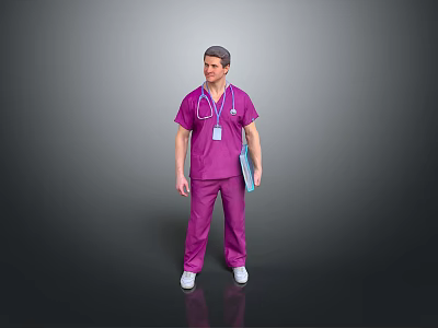 Medical Professional In Purple Scrubs Holding Blue Folder With ID Badge 3d model