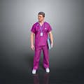 Medical Professional In Purple Scrubs Holding Blue Folder With ID Badge