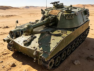 Armored Military Tank With Long Cannon And Metal Tracks On Desert Terrain 3d model