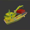 Yellow and Teal Cargo Ship With Yellow Crane Lifting Red Container Shipping Company on Hull