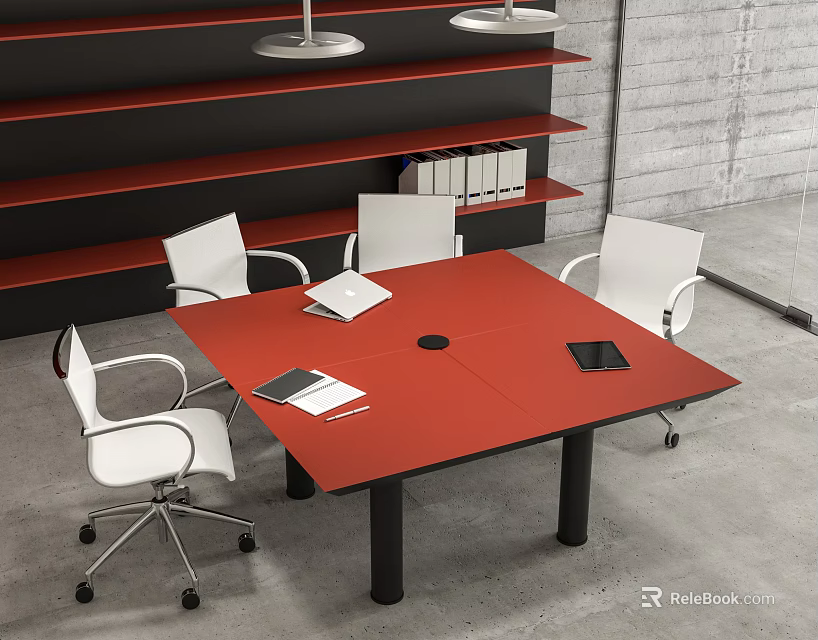 Red Conference Table With White Chairs Notebooks And Tablet In Modern Office 3d model 