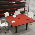 Red Conference Table With White Chairs Notebooks And Tablet In Modern Office 3d model