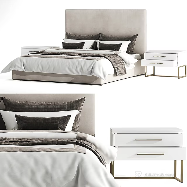 Modern Double Bed with Upholstered Headboard and White Bedside Tables plus Cozy Bedding 3d model