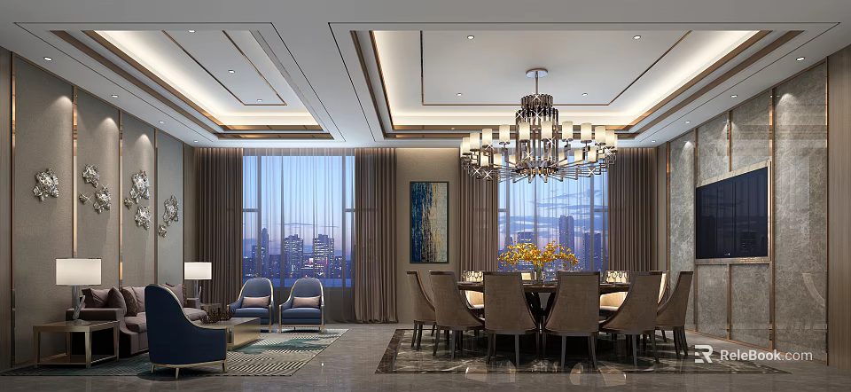 Luxury Box Interior With Chandelier Dining Table Sofa And City View 3d model
