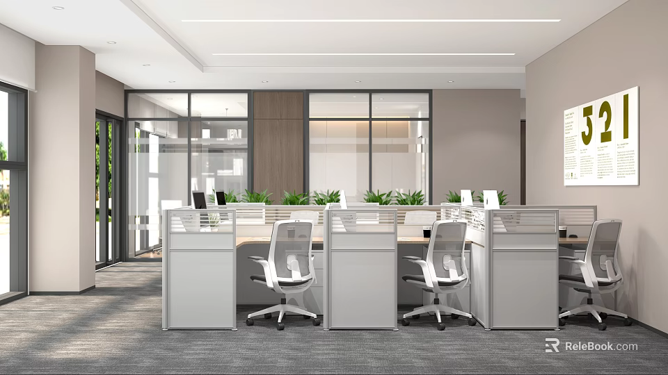 Modern Public Office Space With Cubicles Office Chairs Large Windows Green Plants And Natural Light 3d model 