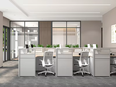 Modern Public Office Space With Cubicles Office Chairs Large Windows Green Plants And Natural Light 3d model