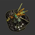 Vibrant Detailed Insect Sculpture With Larva On Stone Base And Small Plants