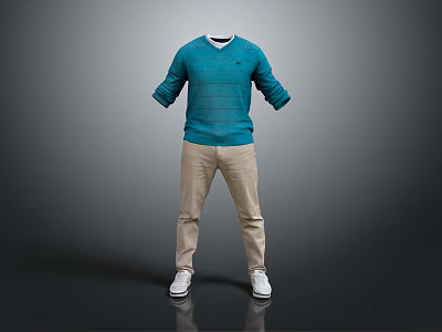 Blue Long Sleeve Sweater With Khaki Pants And White Shoes Outfit 3d model