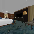 Hotel Guest Room Interior With Blue Carpet Bed Sofa Nightstand And Decorative Wall