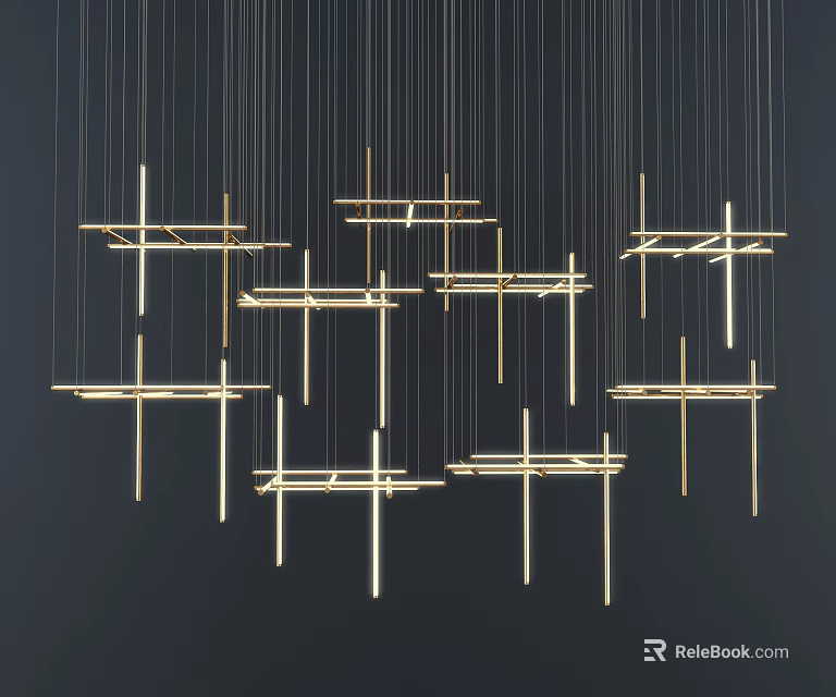 Golden Geometric Chandeliers With Metal Rods And Lines Hanging On Black Background 3d model 