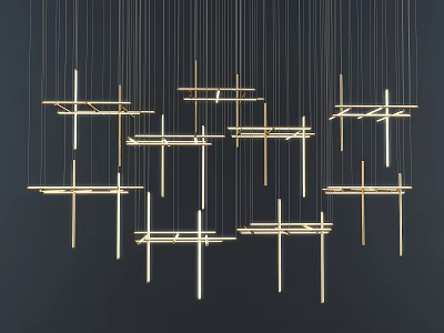 Golden Geometric Chandeliers With Metal Rods And Lines Hanging On Black Background 3d model
