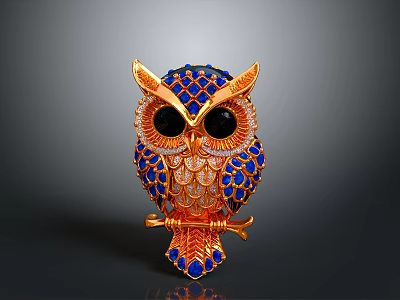 Golden Blue Owl Decorative Figurine With Jeweled Feathers And Black Eyes 3d model