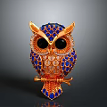 Golden Blue Owl Decorative Figurine With Jeweled Feathers And Black Eyes