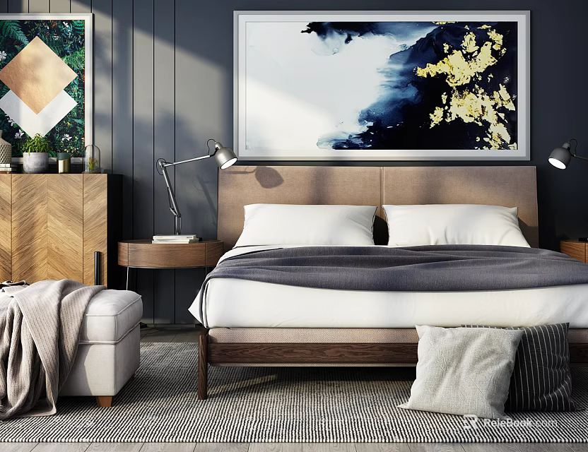 Modern Double Bed in Background with Dark Wall Large Painting Wooden Nightstand and Table Lamp 3d model 