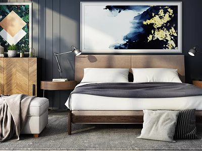 Modern Double Bed in Background with Dark Wall Large Painting Wooden Nightstand and Table Lamp 3d model