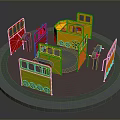 Colorful Cartoon Style Vehicle Shaped Structures On Circular Rotating Platform With Red Yellow Orange