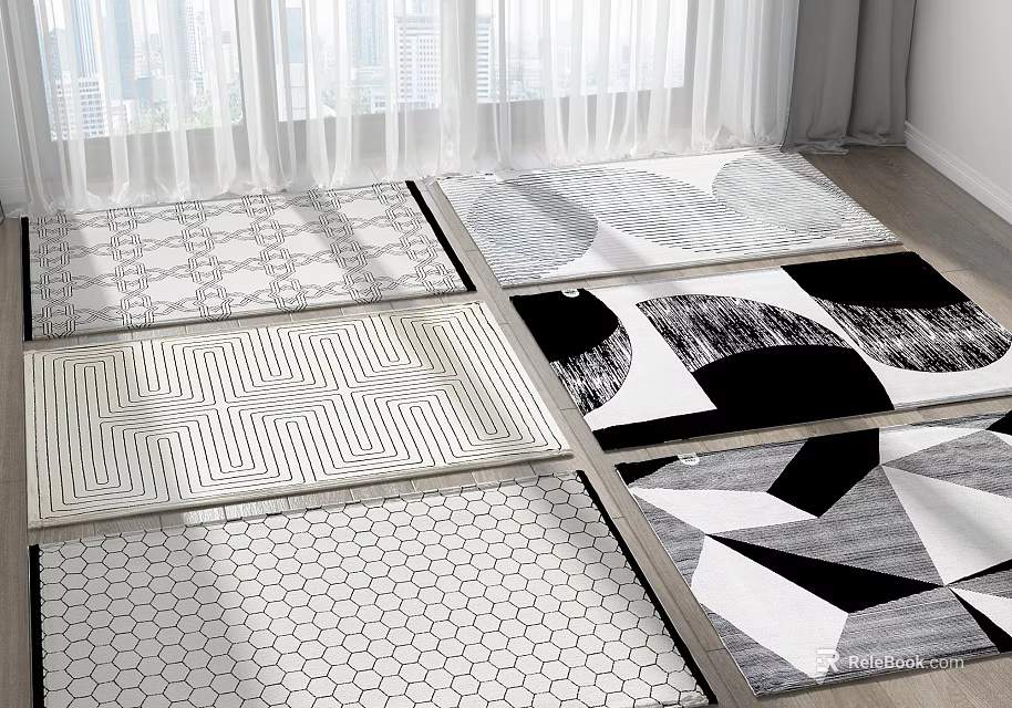 Modern Square Rugs with Various Geometric Patterns in Black White Gray Tones for Home Decor 3d model 