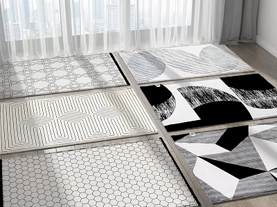 Modern Square Rugs with Various Geometric Patterns in Black White Gray Tones for Home Decor 3d model