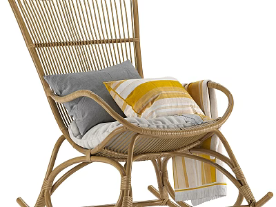 Cozy Rattan Leisure Rocking Chair with Striped Gray Yellow Pillows and Blanket 3d model