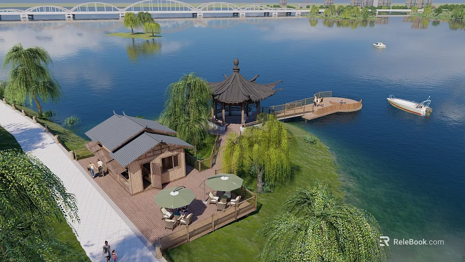 Scenic Lakeside Park Landscape With Pavilion Willow Trees And Wooden Boardwalk 3d model 