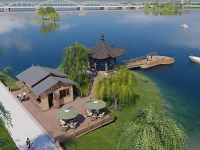 Scenic Lakeside Park Landscape With Pavilion Willow Trees And Wooden Boardwalk 3d model