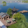 Scenic Lakeside Park Landscape With Pavilion Willow Trees And Wooden Boardwalk