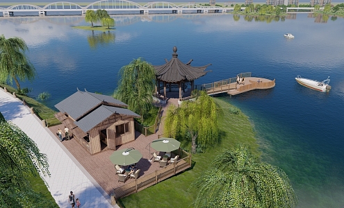 Chinese Park Cruise Boat Wharf Wooden Pavilion Octagonal Pavilion Sales Pavilion 3d model