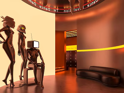 Futuristic Retro Style Bar With Robots Neon Lights Curved Design And Warm Toned Interior 3d model