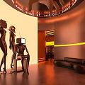 Futuristic Retro Style Bar With Robots Neon Lights Curved Design And Warm Toned Interior